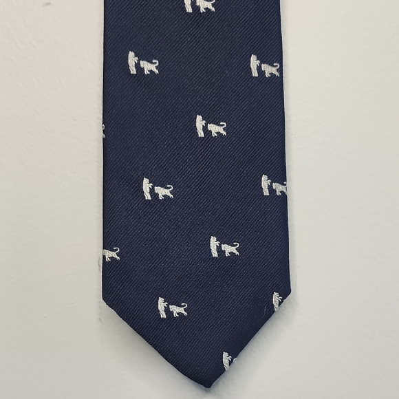 The Burlington Knot By J. Press Silk Navy Blue Tie with White Bear Bull Pattern